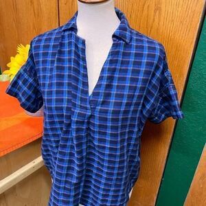 EUC Madewell Blue Plaid V-neck Short-sleeved Top #218